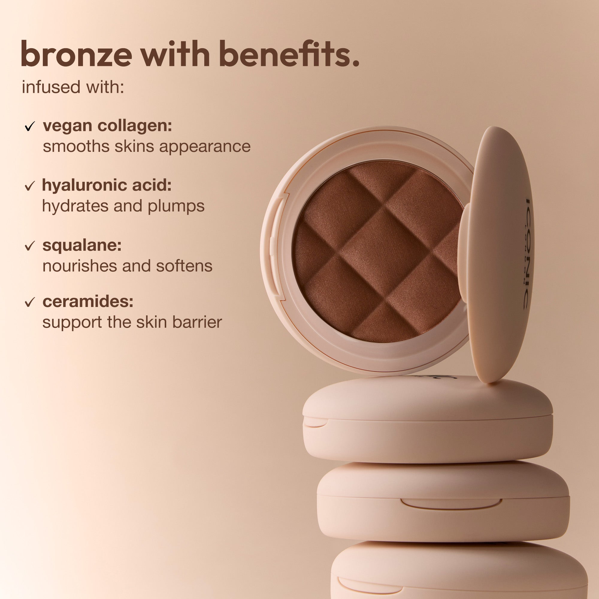 colour_Sun Soaked, | ICONIC London Fridays Buildable Blurring Bronze. Bronzer with benefits. Vegan Collagen, Hyaluronic Acid, Ceramides, Squalane