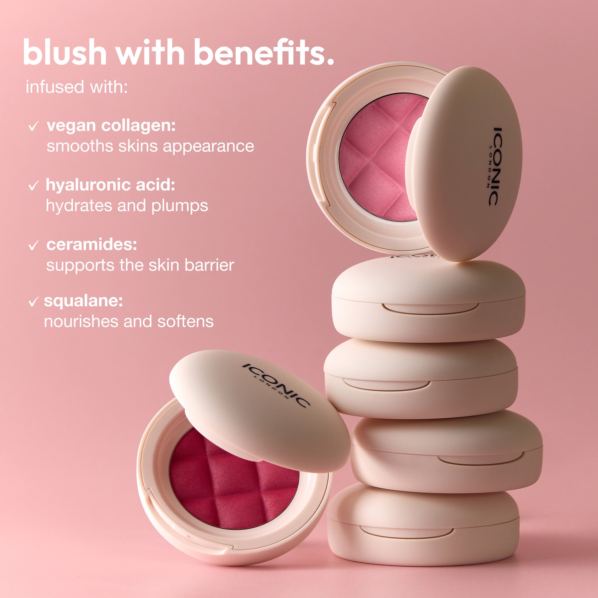 ICONIC London Fridays Buildable Blurring Blush Blush with benefits. Vegan Collagen, Hyaluronic Acid, Ceramides, Squalane