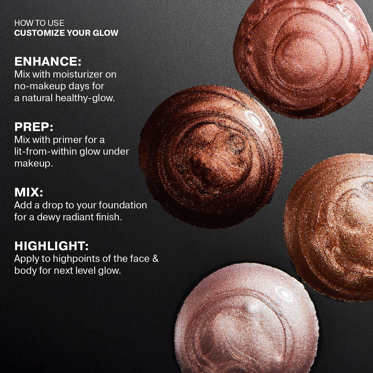 colour_ORIGINAL (Champagne Shimmer),colour_GLOW (Terracotta Bronze),colour_SHINE (Pink Pearl),colour_BLUSH (Peachy Rose Gold), | Iconic London Illuminator Liquid Highlighter Drops - How To Use