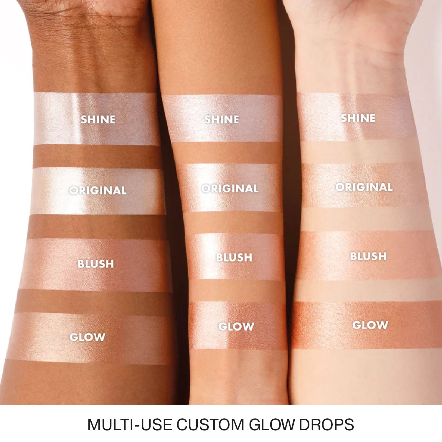 colour_ORIGINAL (Champagne Shimmer),colour_GLOW (Terracotta Bronze),colour_SHINE (Pink Pearl),colour_BLUSH (Peachy Rose Gold), | Iconic London Illuminator Liquid Highlighter Drops - Arm Swatches
